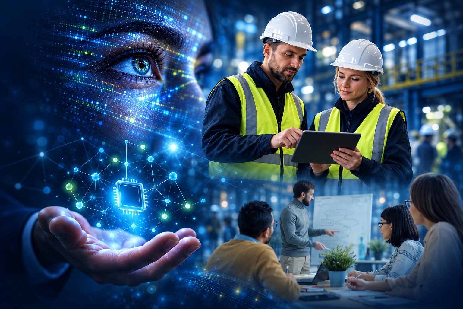 Composición continua de trabajadores, inteligencia artificial y un equipo en formación